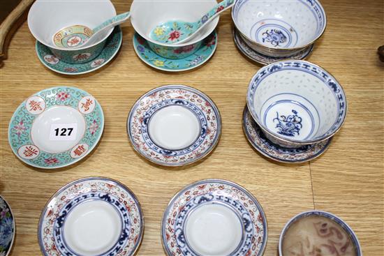 Six Chinese porcelain bowls, eight stands, three spoons and a candle holder, second half 20th century, largest bowl 10.2cm diameter